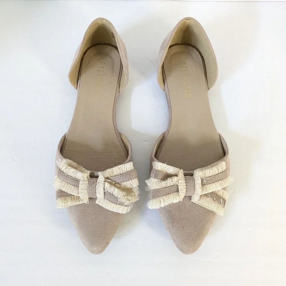 Restricted Flats 8.5 Taupe Faux Suede Pointed Toe Ribbon Fringe Shoes Boho - Picture 2 of 12